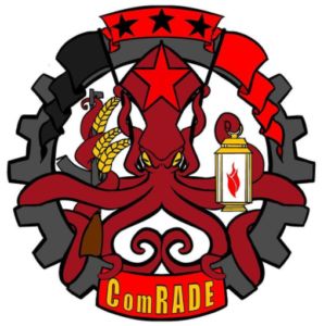 "Comrade Squid" color logo with a squid holding a lamp, sheaths of grain, an AK-47, red and black stars and flags and a large cog in the background