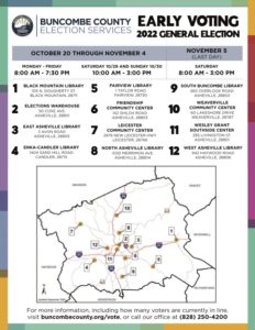 A map showing early voting sites in Buncombe County. Image is linked to county website for more information.
