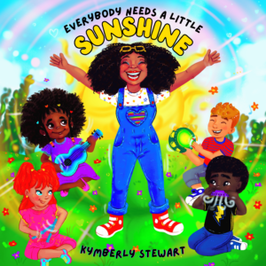 Image description: digital painting of Kymberly Stewart in a field smiling joyfully and surrounded by children playing instruments. Behind Stewart is the sun & the people are surrounded by flowers and sun rays.