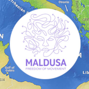 logo of "Maldusa Freedom of Movement" featuring a line drawing of Medusa with arrows at the end of the snakes showing movement in many directions, overlayed on a map of the Mediterranean Sea