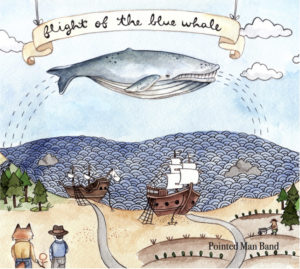 Image description: cover of Pointed Man Band's Flight of the Blue Whale album, which is a painting of a blue whale flying in the sky over the sea. On the shore are 2 grounded sailing ships, & a mole, a fox, & a badger wearing human clothing.