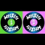 Image description: cover image for the beetBite album, featuring 2 cartoons of 7-inch records side by side on green & purple backgrounds respectively. Both records have the words "beetBite" written twice on them in very fancy lettering. The left one has the numeral 1 in the center & the right one has the numeral 2 in the center.