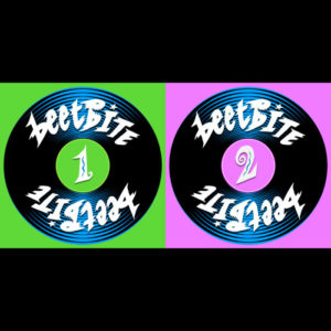 Image description: cover image for the beetBite album, featuring 2 cartoons of 7-inch records side by side on green & purple backgrounds respectively. Both records have the words "beetBite" written twice on them in very fancy lettering. The left one has the numeral 1 in the center & the right one has the numeral 2 in the center.