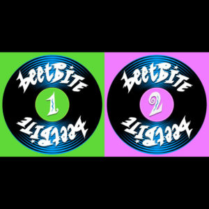 Image description: cover image for the beetBite album, featuring 2 cartoons of 7-inch records side by side on green & purple backgrounds respectively. Both records have the words "beetBite" written twice on them in very fancy lettering. The left one has the numeral 1 in the center & the right one has the numeral 2 in the center.