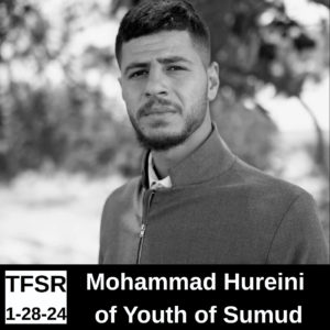 A black and white photo of Mohammad Hureini in a jacket with a Nehru collar in an olive orchard plus the words "TFSR 1-28-24 | Mohammad Hureini of Youth of Sumud"